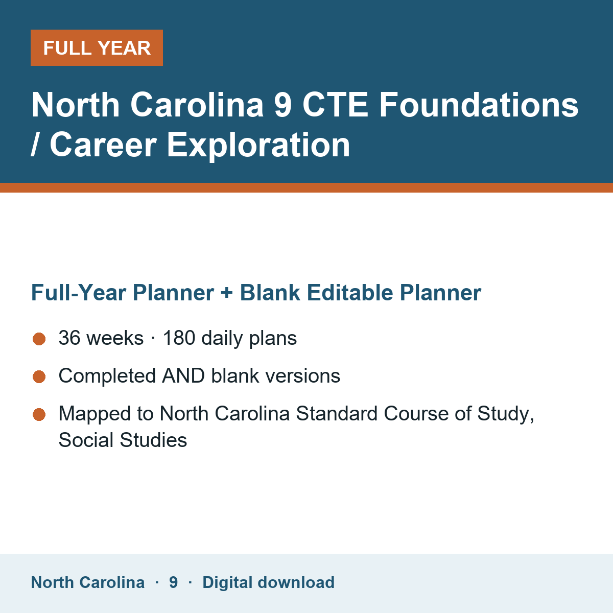 Cover of the North Carolina Grade 9 CTE Foundations / Career Exploration full-year teacher planner