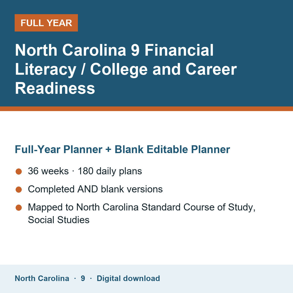 Cover of the North Carolina Grade 9 Financial Literacy / College and Career Readiness full-year teacher planner