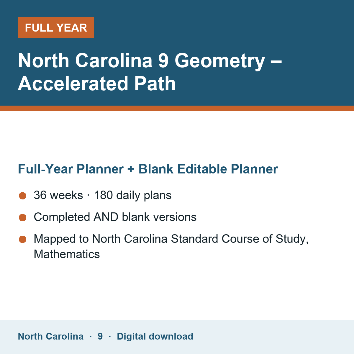 Cover of the North Carolina Grade 9 Geometry – Accelerated Path full-year teacher planner