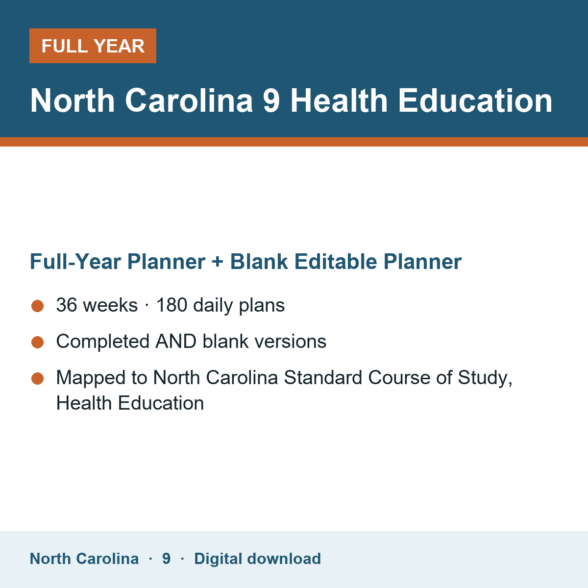 Cover of the North Carolina Grade 9 Health Education full-year teacher planner