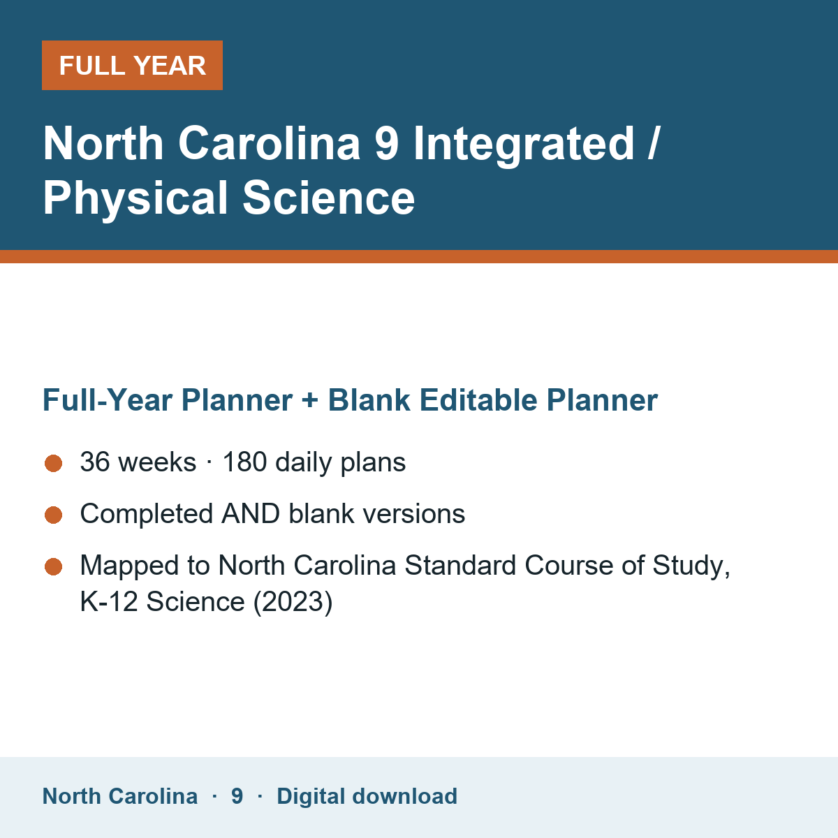 Cover of the North Carolina Grade 9 Integrated / Physical Science full-year teacher planner