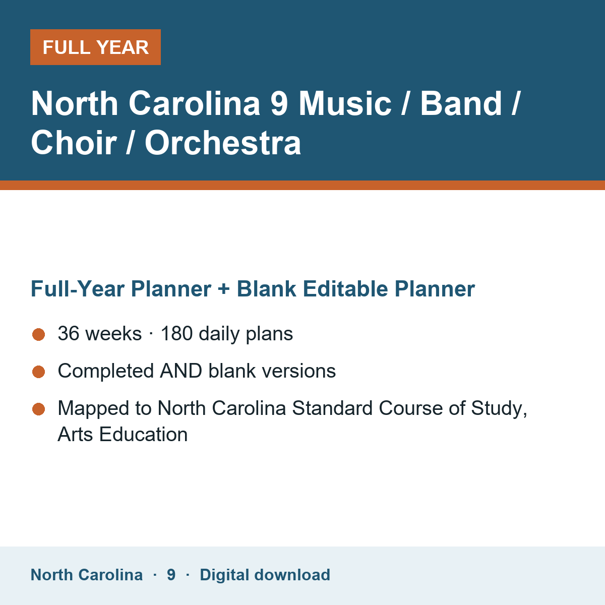Cover of the North Carolina Grade 9 Music / Band / Choir / Orchestra full-year teacher planner