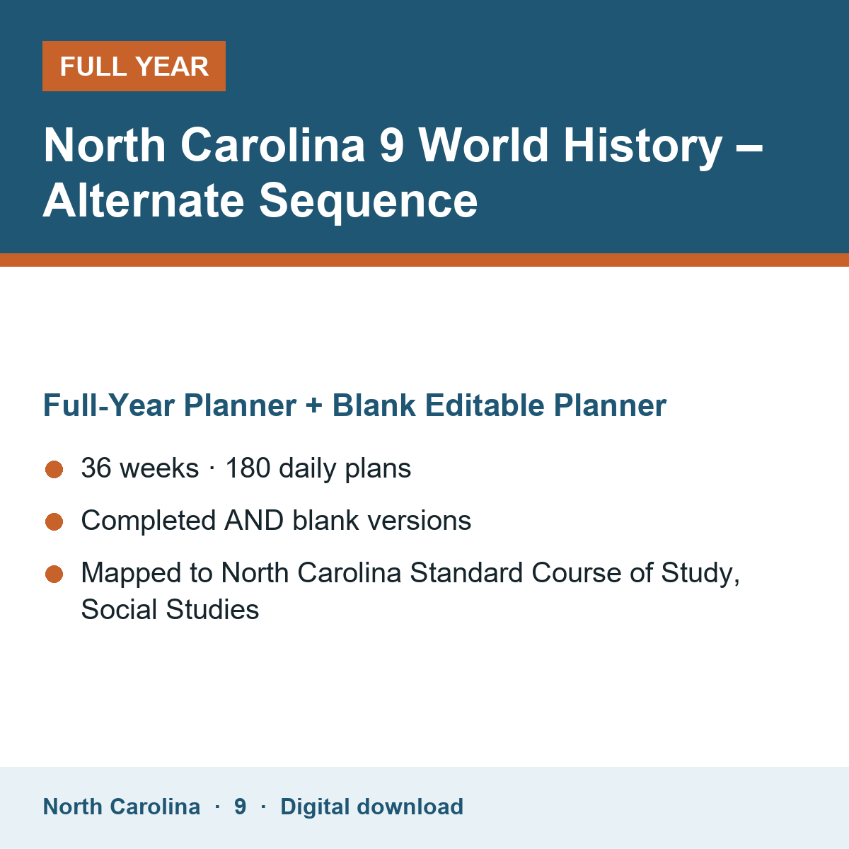 Cover of the North Carolina Grade 9 World History – Alternate Sequence full-year teacher planner