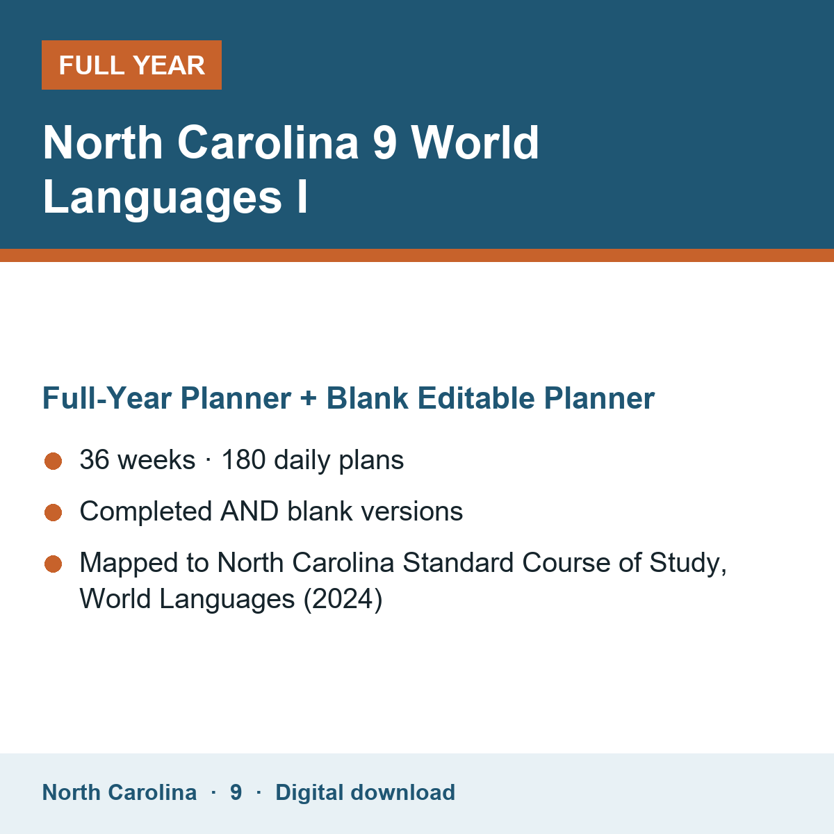 Cover of the North Carolina Grade 9 World Languages I full-year teacher planner