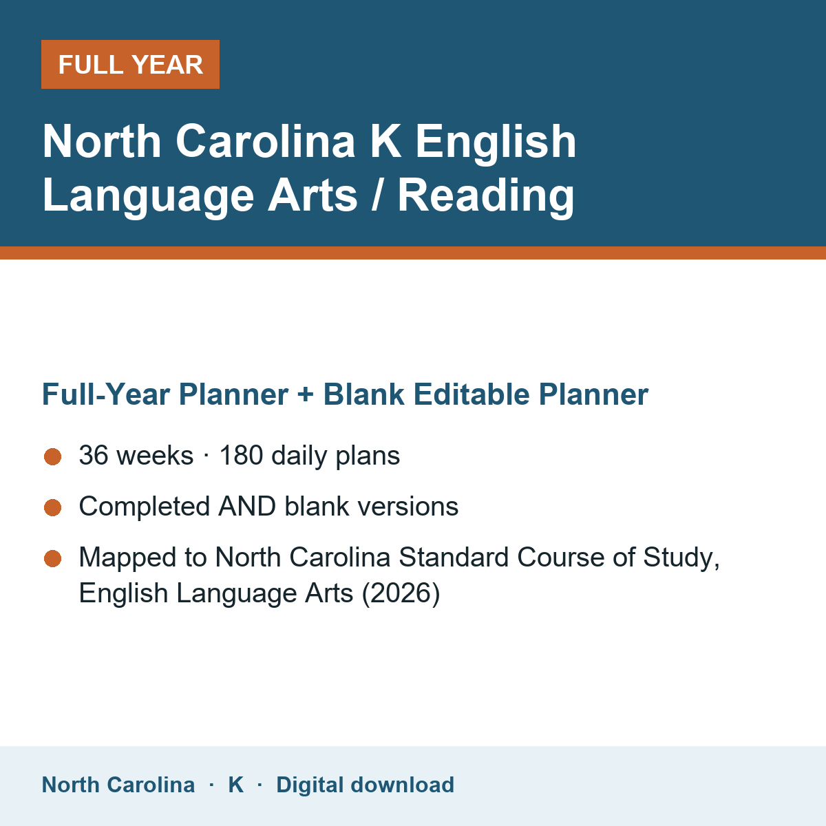 Cover of the North Carolina Grade K English Language Arts / Reading full-year teacher planner
