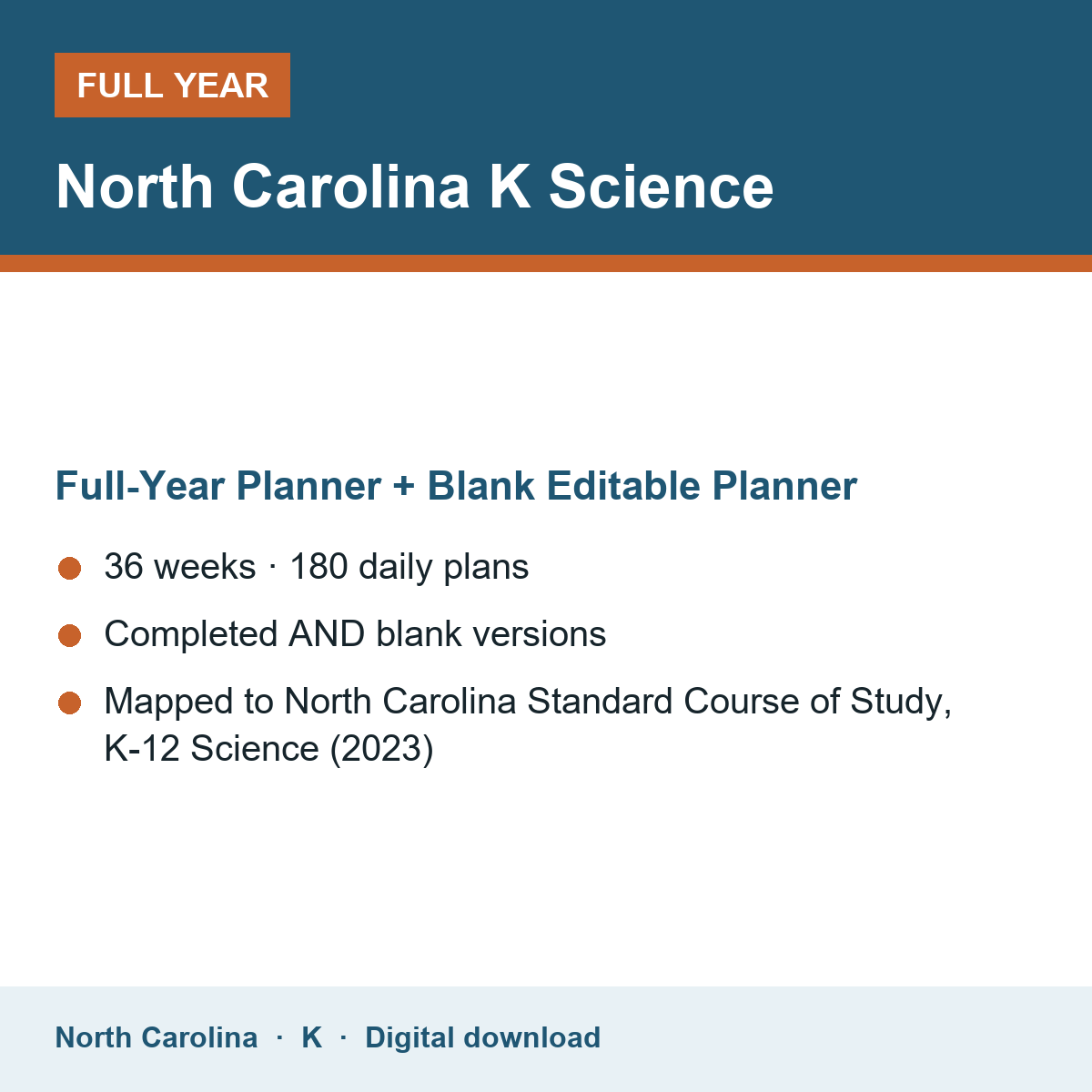 Cover of the North Carolina Grade K Science full-year teacher planner