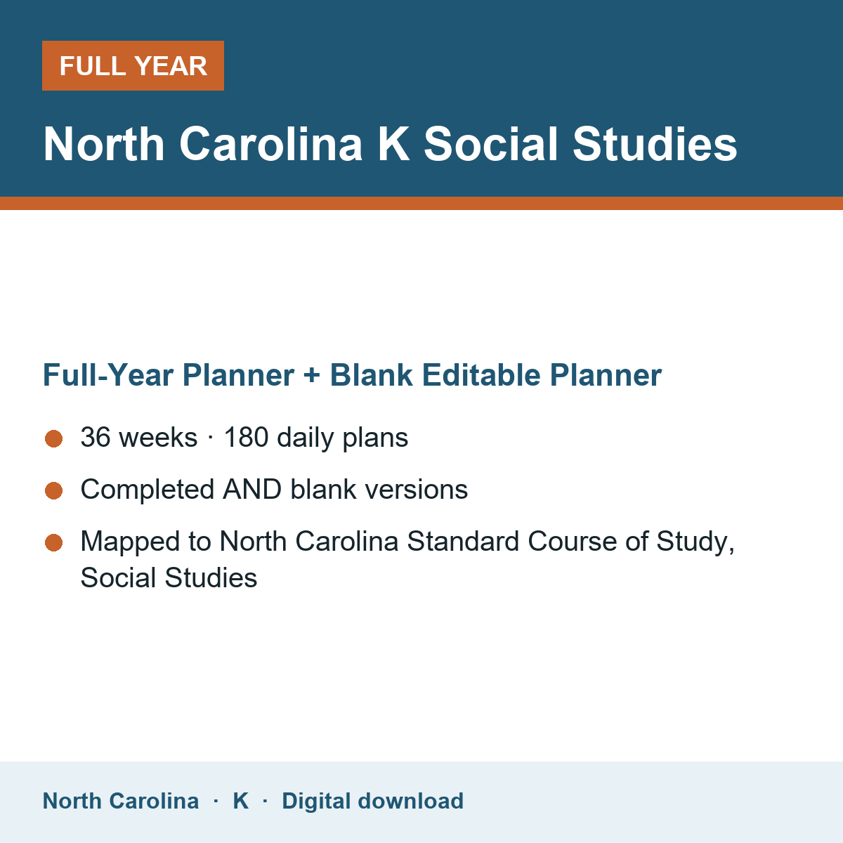 Cover of the North Carolina Grade K Social Studies full-year teacher planner