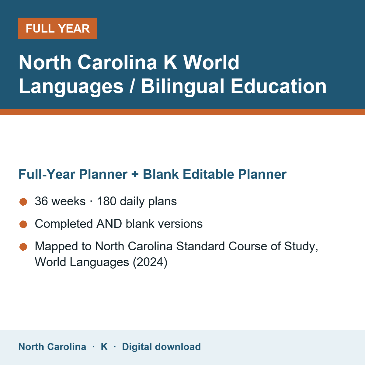 Cover of the North Carolina Grade K World Languages / Bilingual Education full-year teacher planner