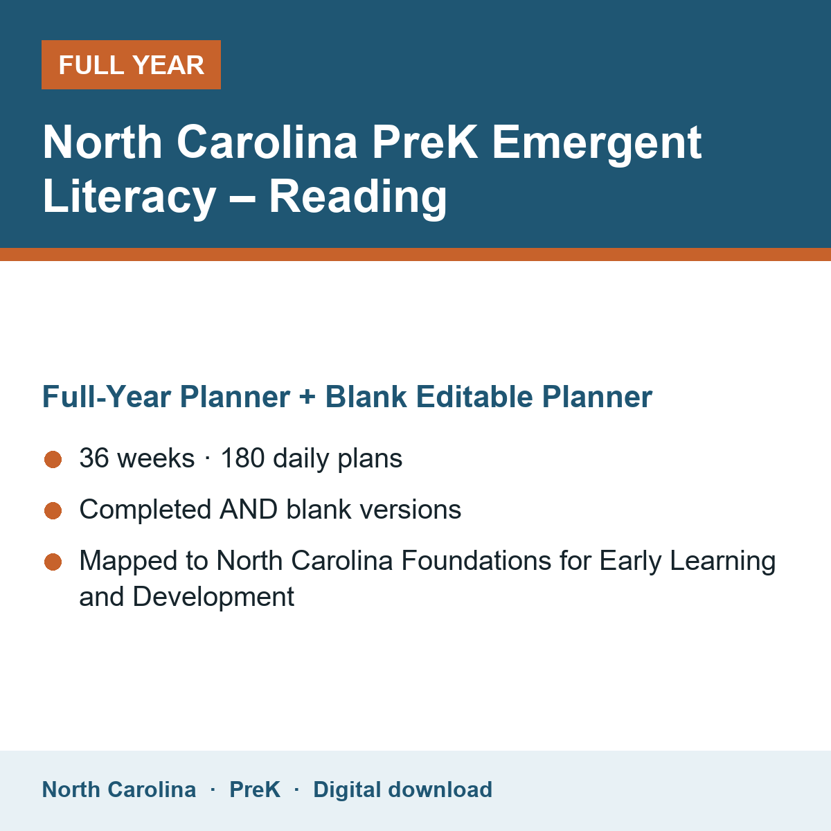 Cover of the North Carolina PreK Emergent Literacy – Reading full-year teacher planner