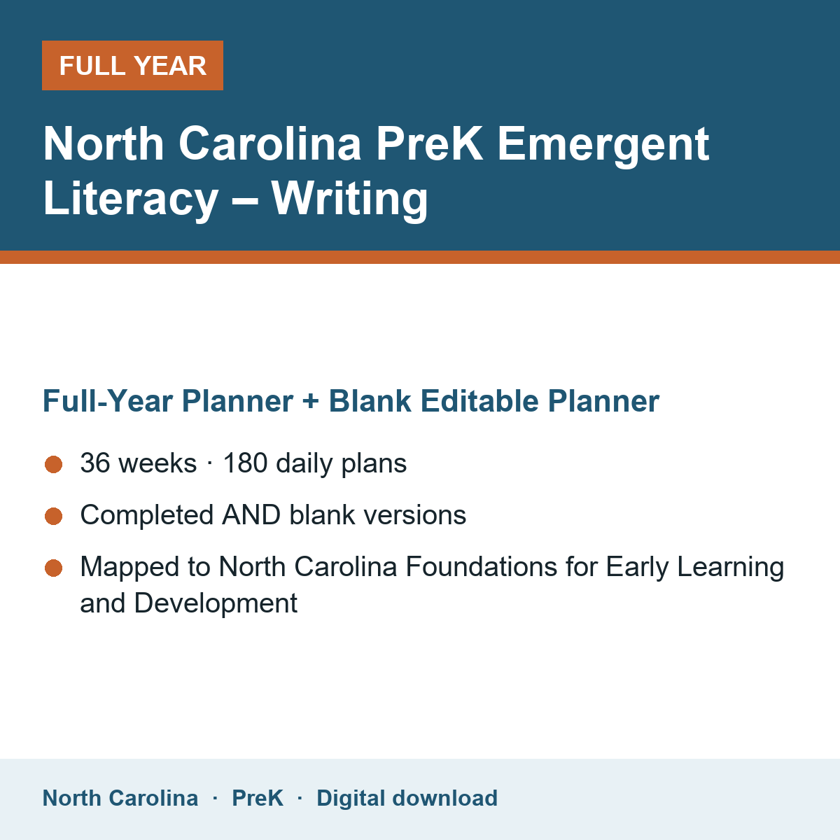 Cover of the North Carolina PreK Emergent Literacy – Writing full-year teacher planner