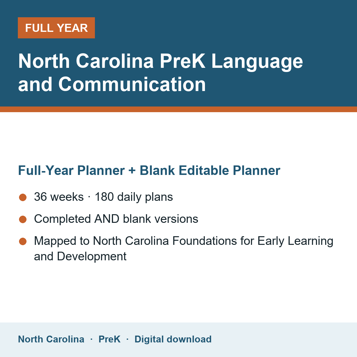Cover of the North Carolina PreK Language and Communication full-year teacher planner