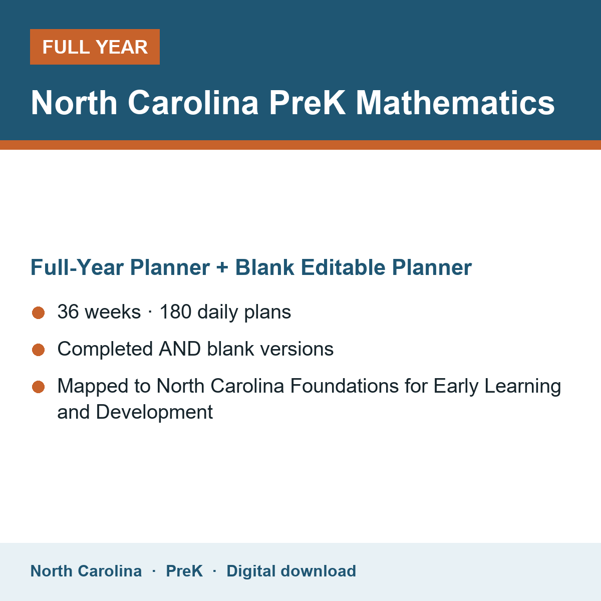 Cover of the North Carolina PreK Mathematics full-year teacher planner