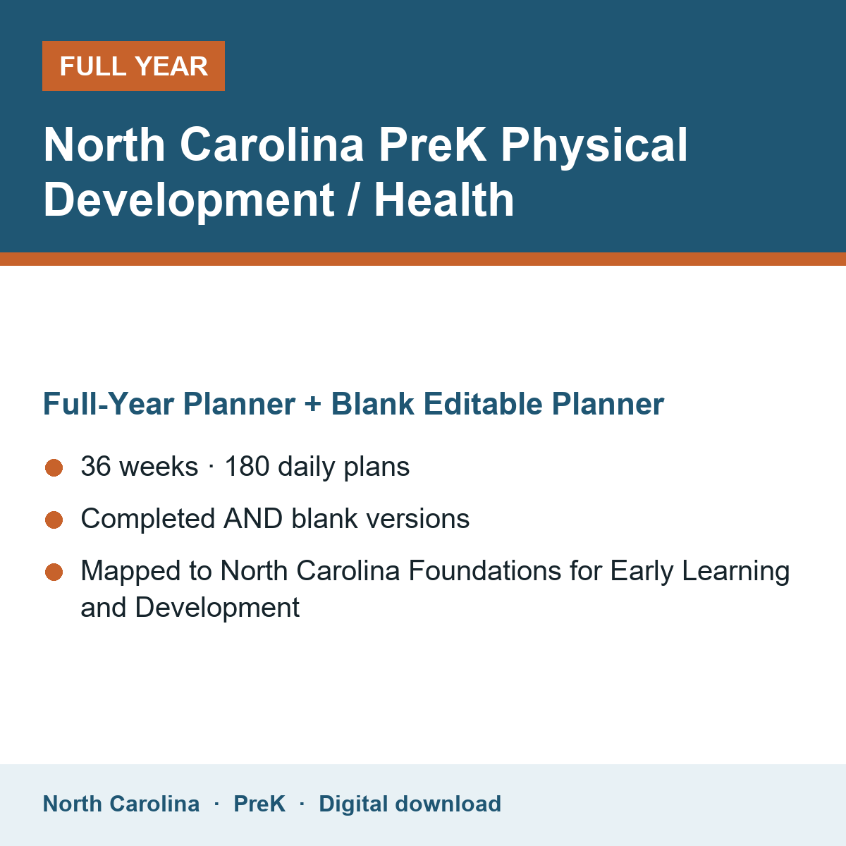 Cover of the North Carolina PreK Physical Development / Health full-year teacher planner