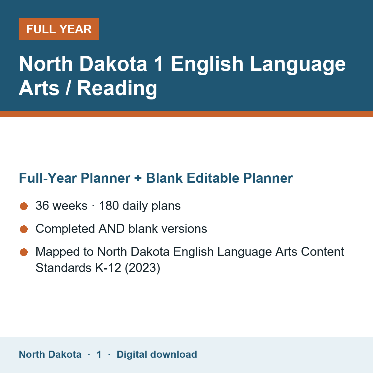 Cover of the North Dakota Grade 1 English Language Arts / Reading full-year teacher planner