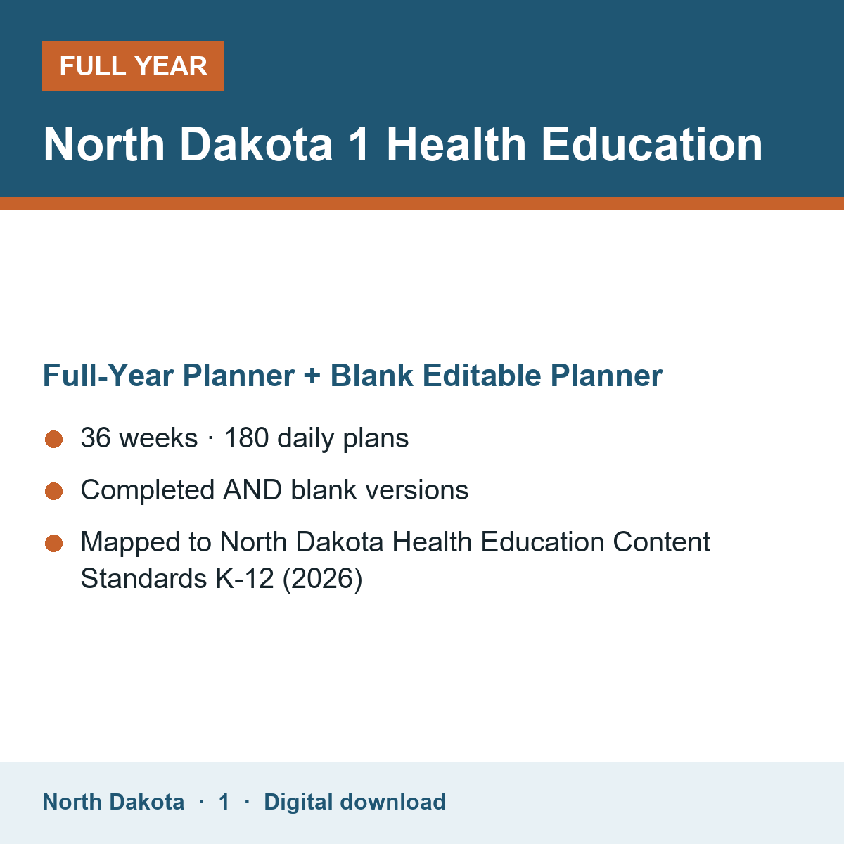 Cover of the North Dakota Grade 1 Health Education full-year teacher planner