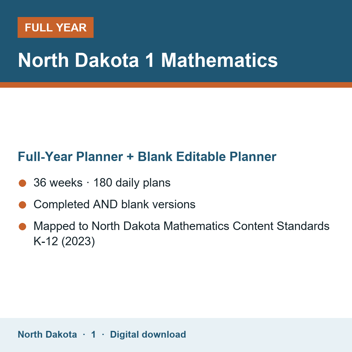 Cover of the North Dakota Grade 1 Mathematics full-year teacher planner