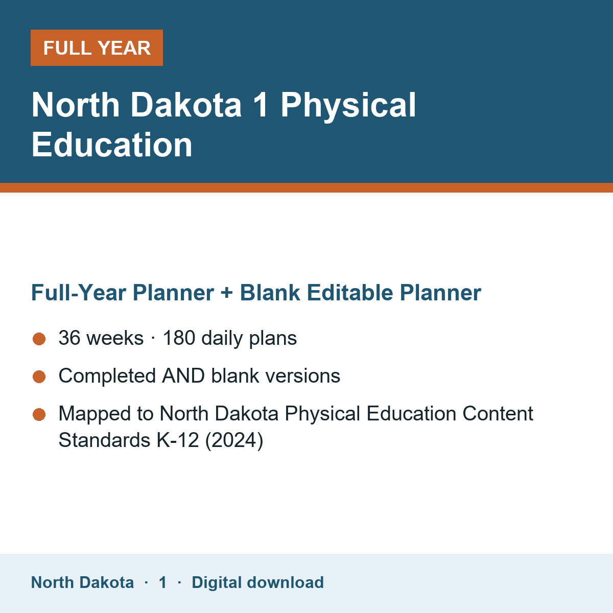 Cover of the North Dakota Grade 1 Physical Education full-year teacher planner