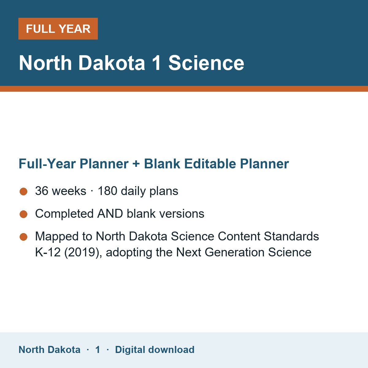 Cover of the North Dakota Grade 1 Science full-year teacher planner