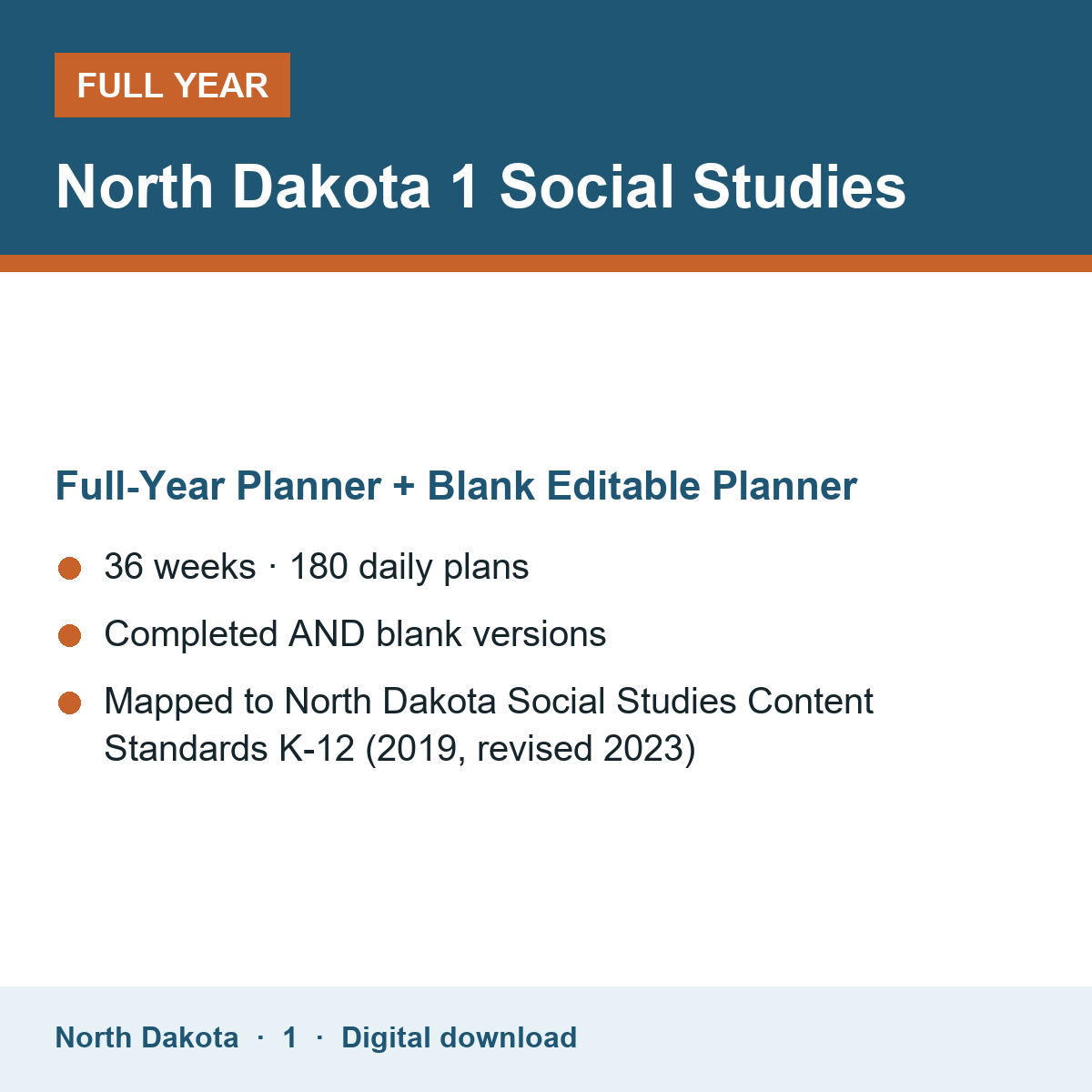 Cover of the North Dakota Grade 1 Social Studies full-year teacher planner