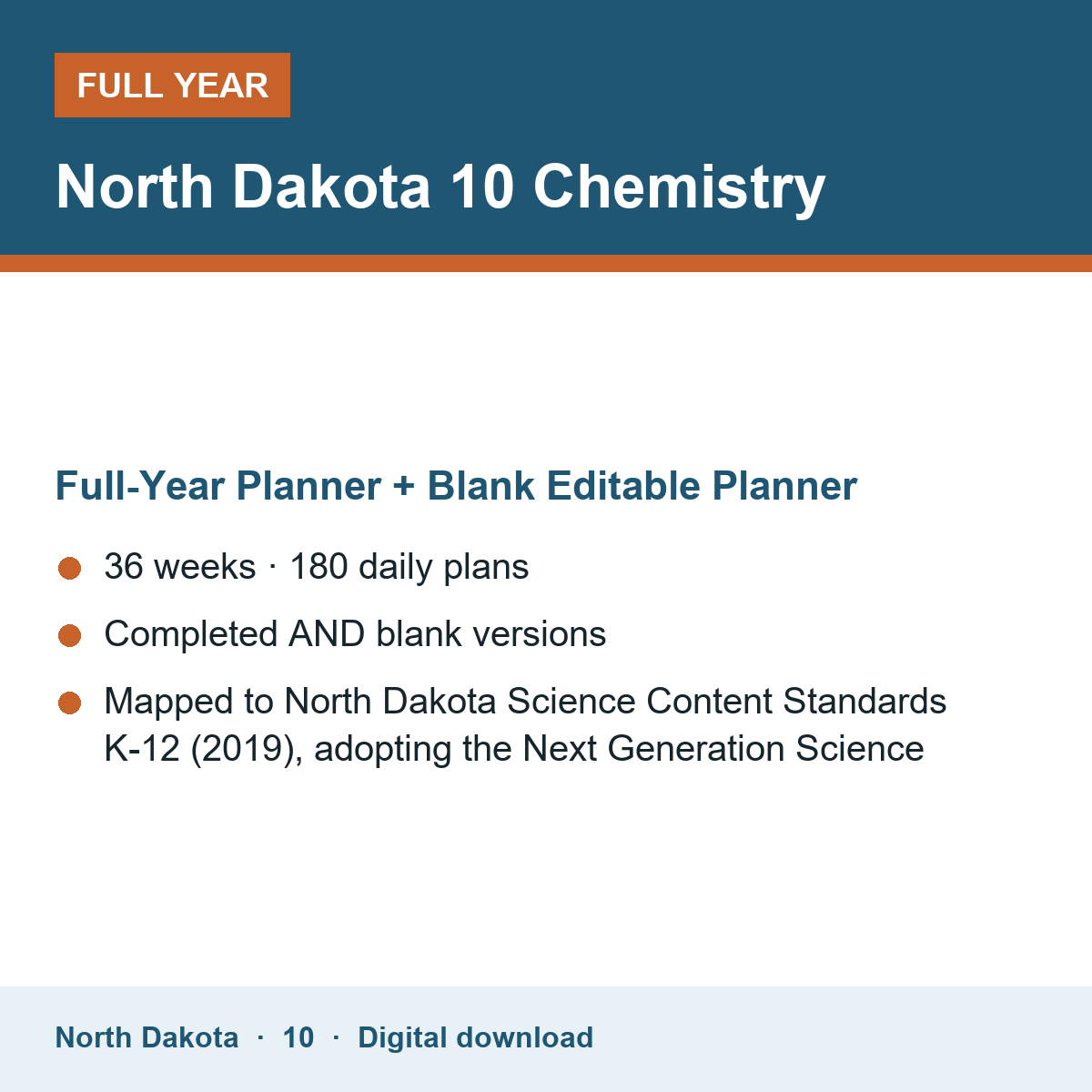 Cover of the North Dakota Grade 10 Chemistry full-year teacher planner