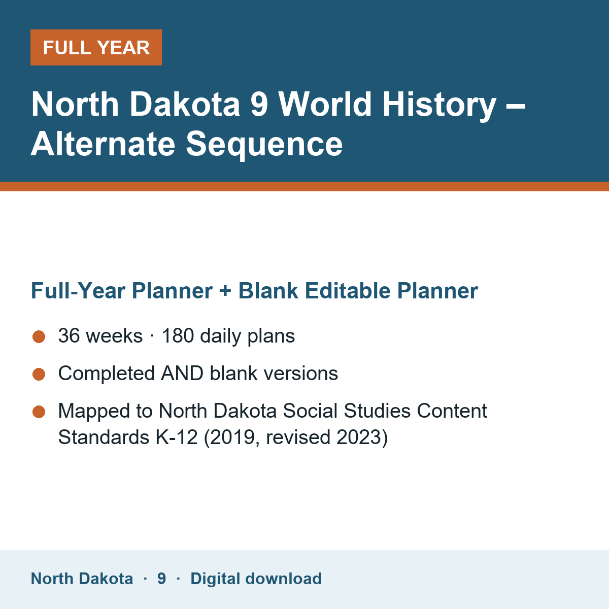 Cover of the North Dakota Grade 9 World History – Alternate Sequence full-year teacher planner