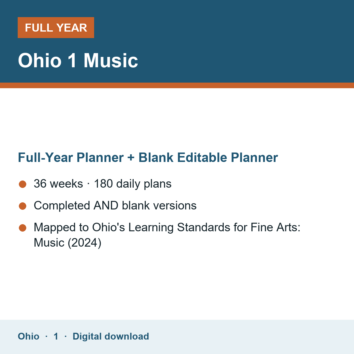 Cover of the Ohio Grade 1 Music full-year teacher planner