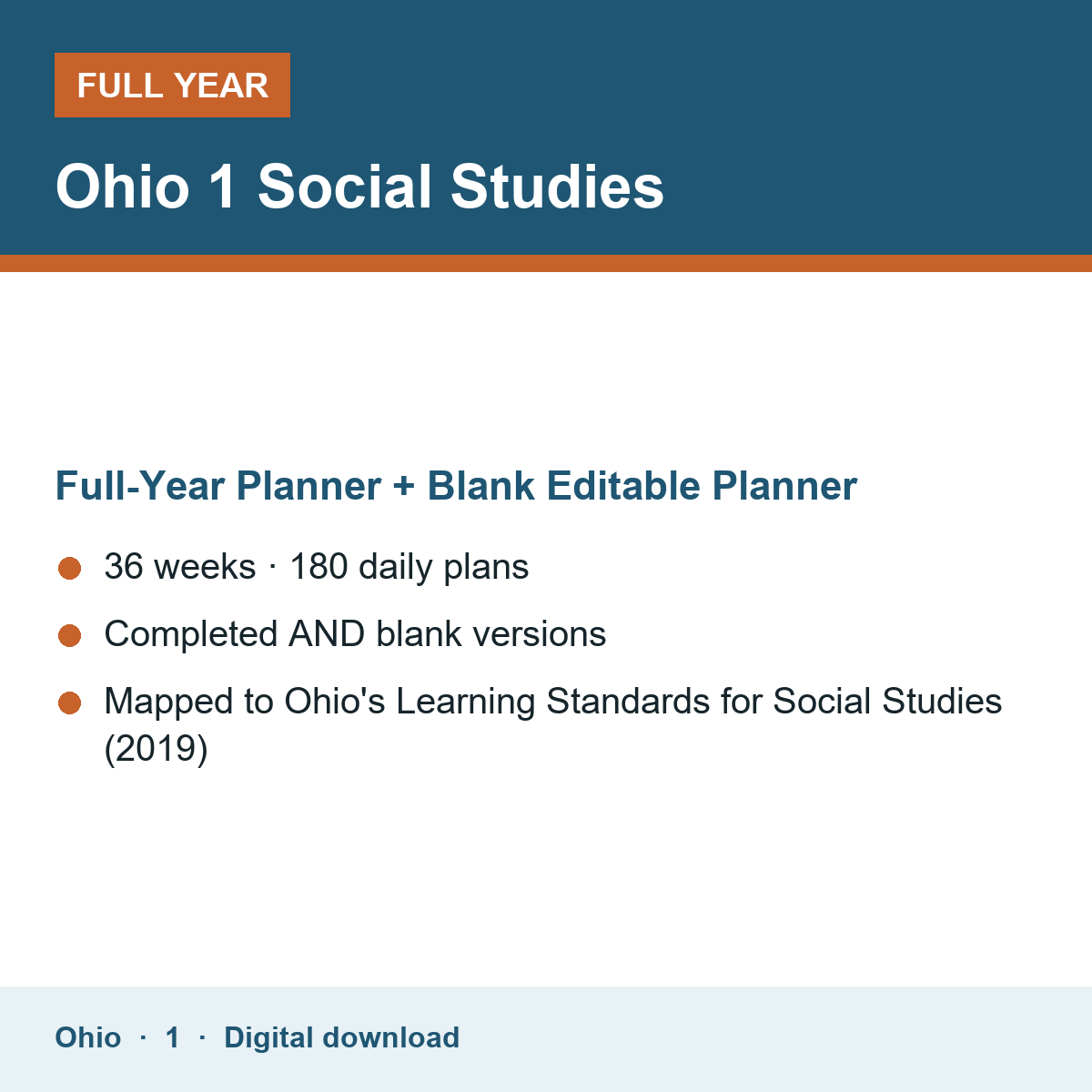 Cover of the Ohio Grade 1 Social Studies full-year teacher planner