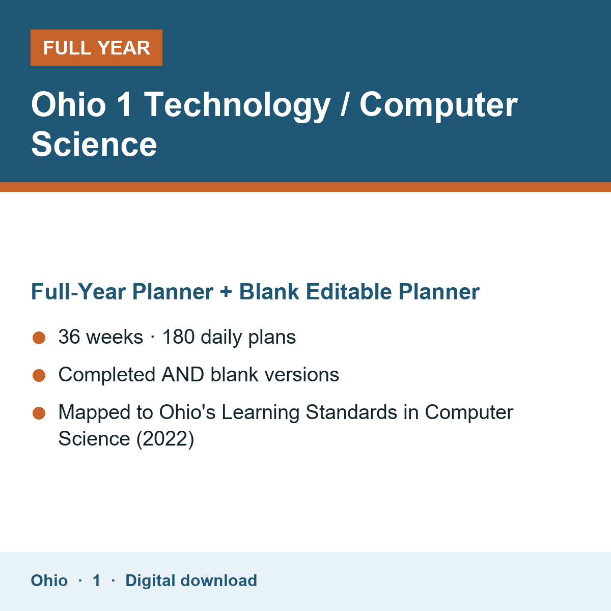 Cover of the Ohio Grade 1 Technology / Computer Science full-year teacher planner