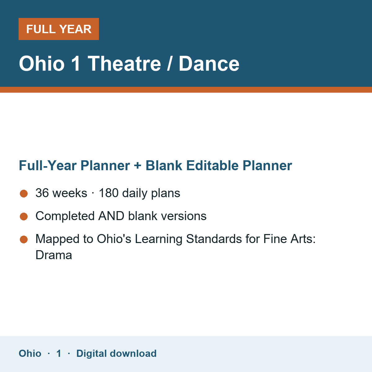 Cover of the Ohio Grade 1 Theatre / Dance full-year teacher planner