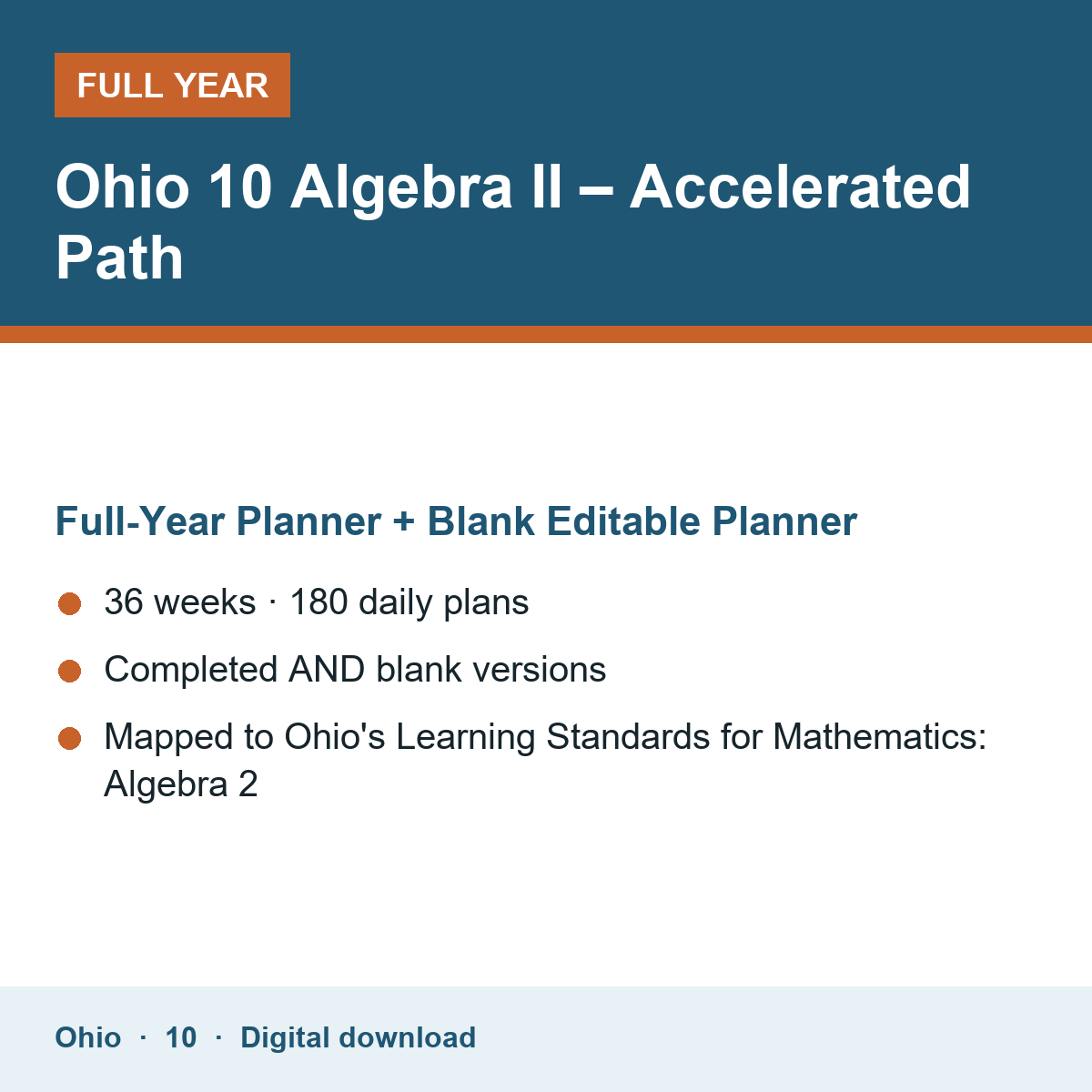 Cover of the Ohio Grade 10 Algebra II – Accelerated Path full-year teacher planner