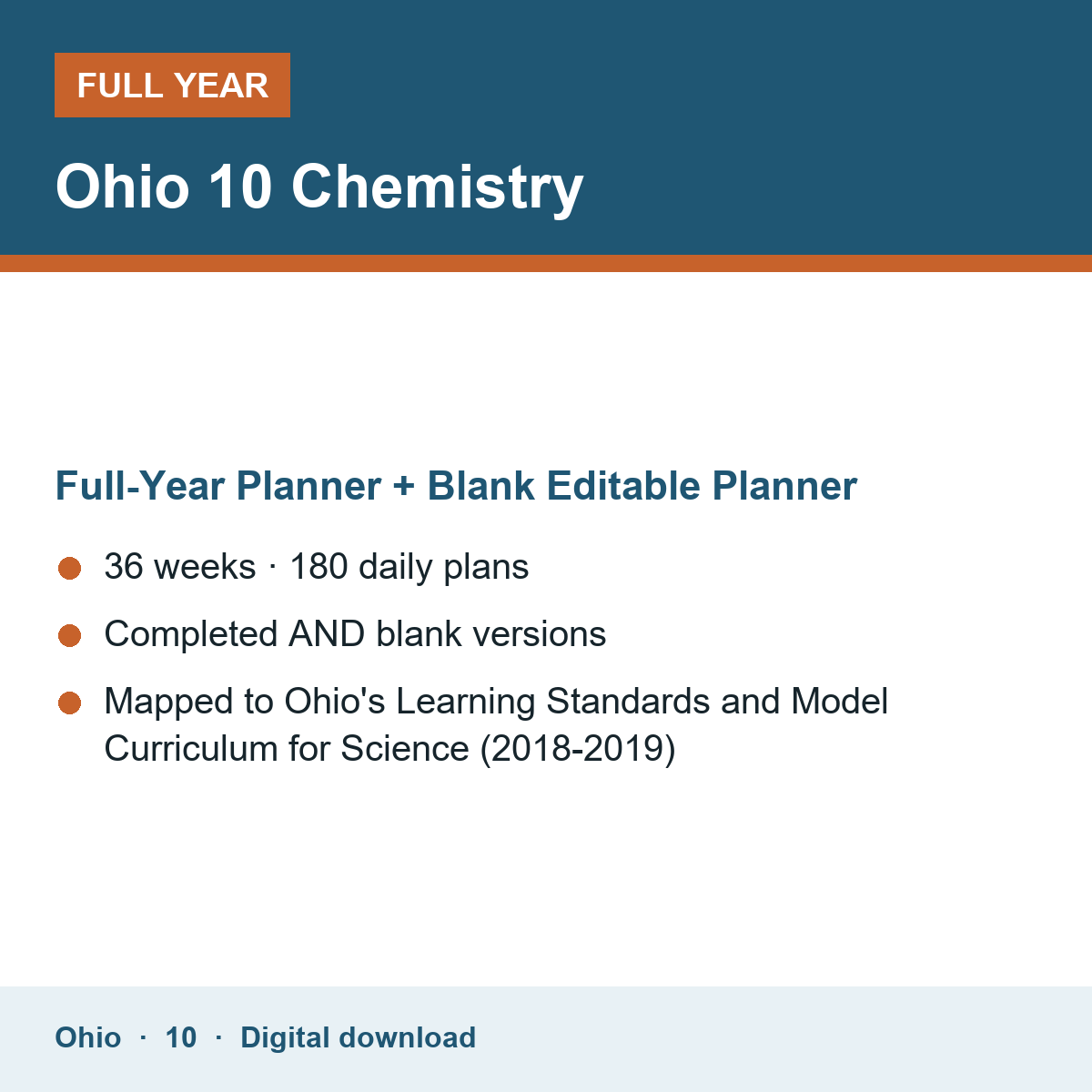 Cover of the Ohio Grade 10 Chemistry full-year teacher planner