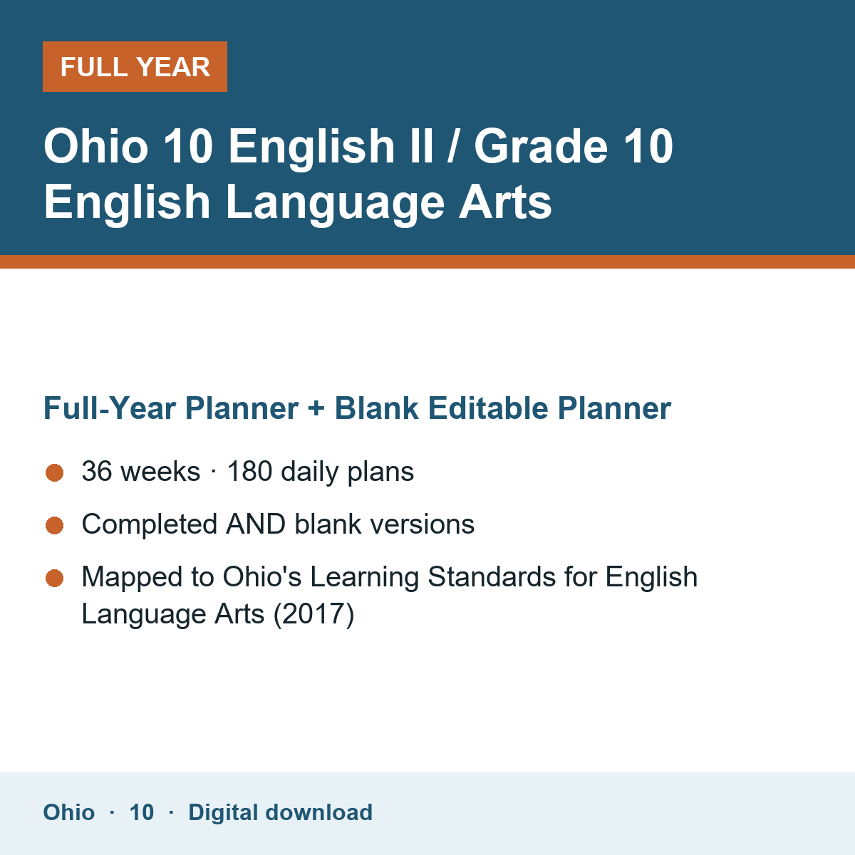 Cover of the Ohio Grade 10 English II / Grade 10 English Language Arts full-year teacher planner