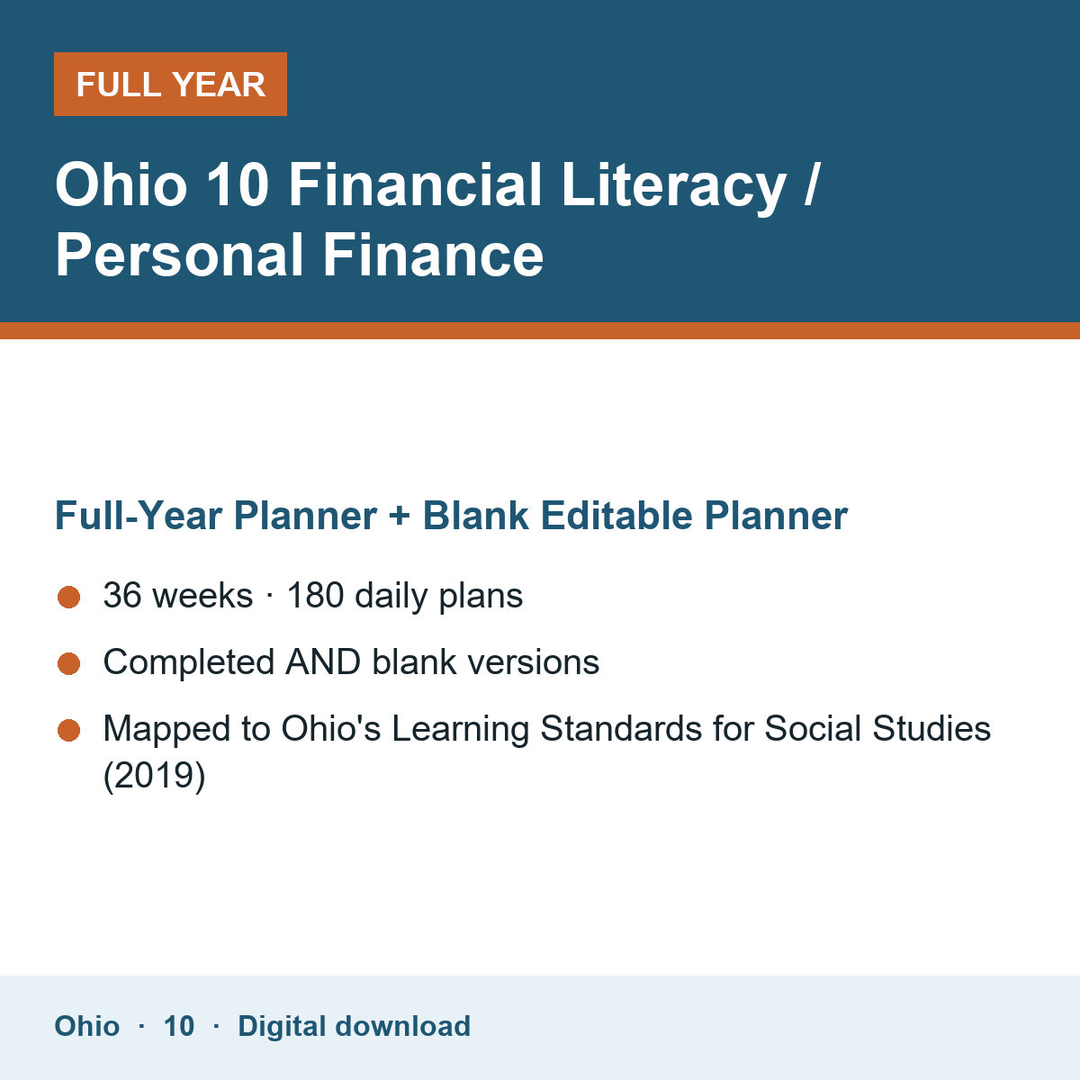 Cover of the Ohio Grade 10 Financial Literacy / Personal Finance full-year teacher planner