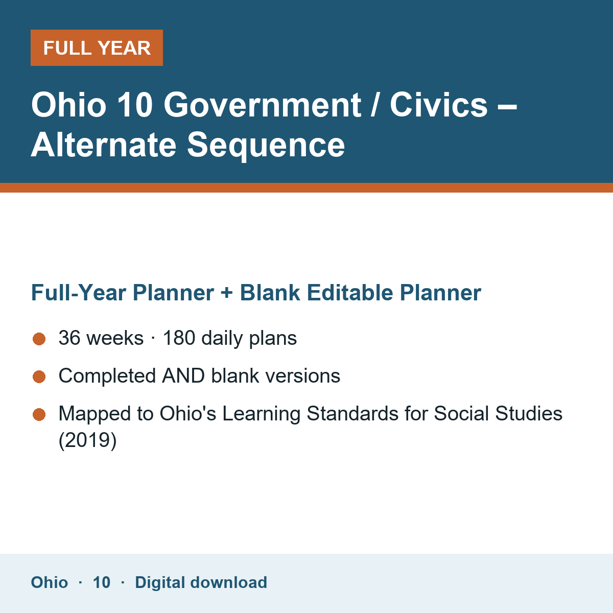 Cover of the Ohio Grade 10 Government / Civics – Alternate Sequence full-year teacher planner