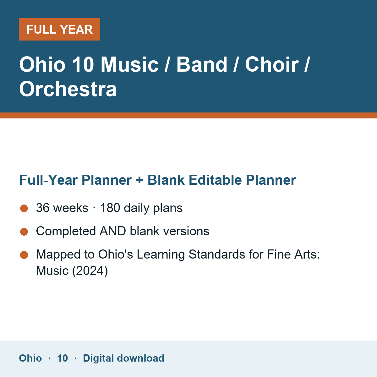 Cover of the Ohio Grade 10 Music / Band / Choir / Orchestra full-year teacher planner
