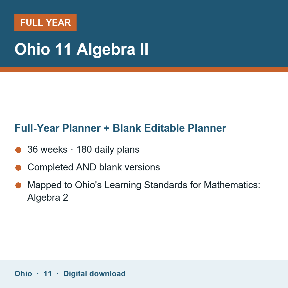 Cover of the Ohio Grade 11 Algebra II full-year teacher planner