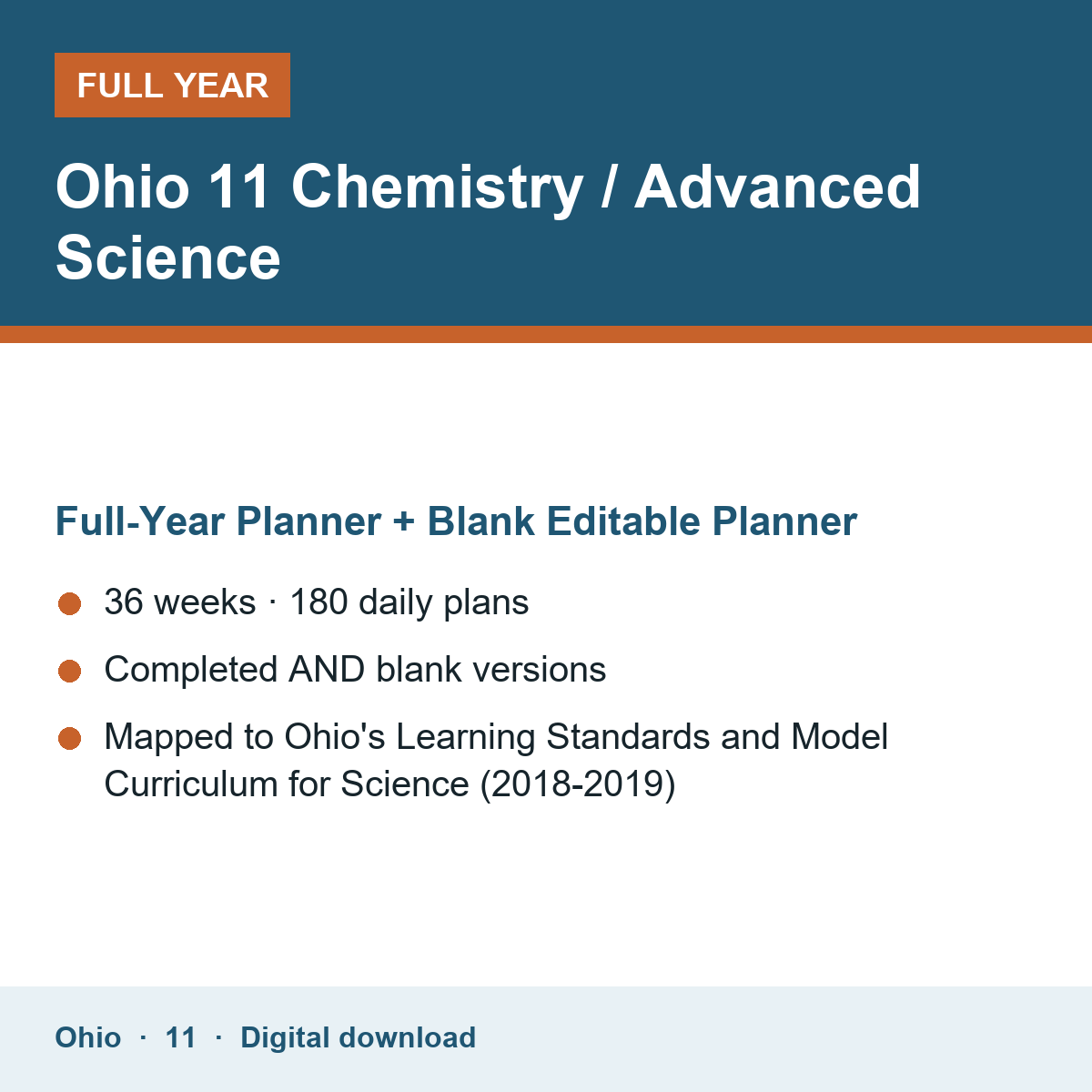 Cover of the Ohio Grade 11 Chemistry / Advanced Science full-year teacher planner
