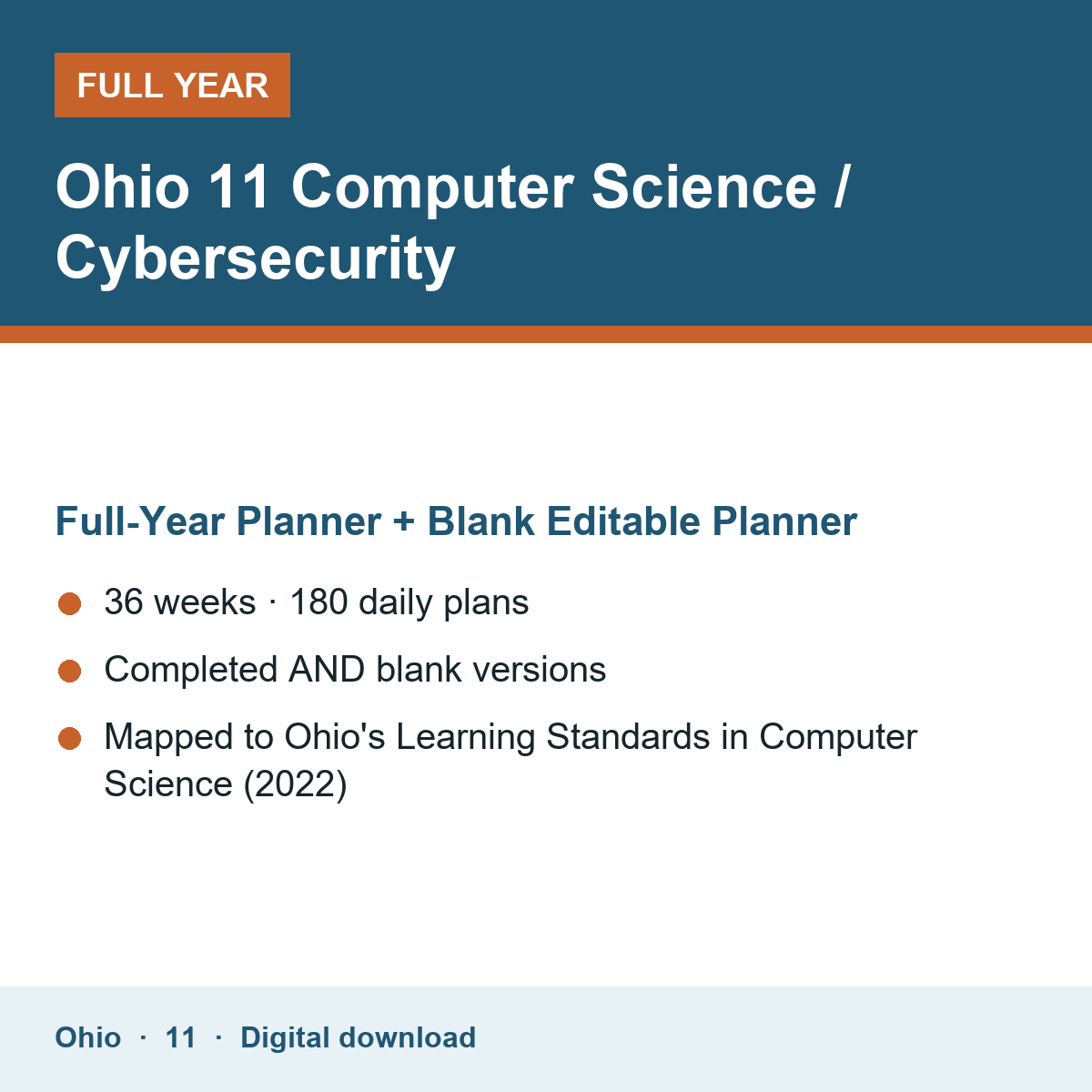 Cover of the Ohio Grade 11 Computer Science / Cybersecurity full-year teacher planner