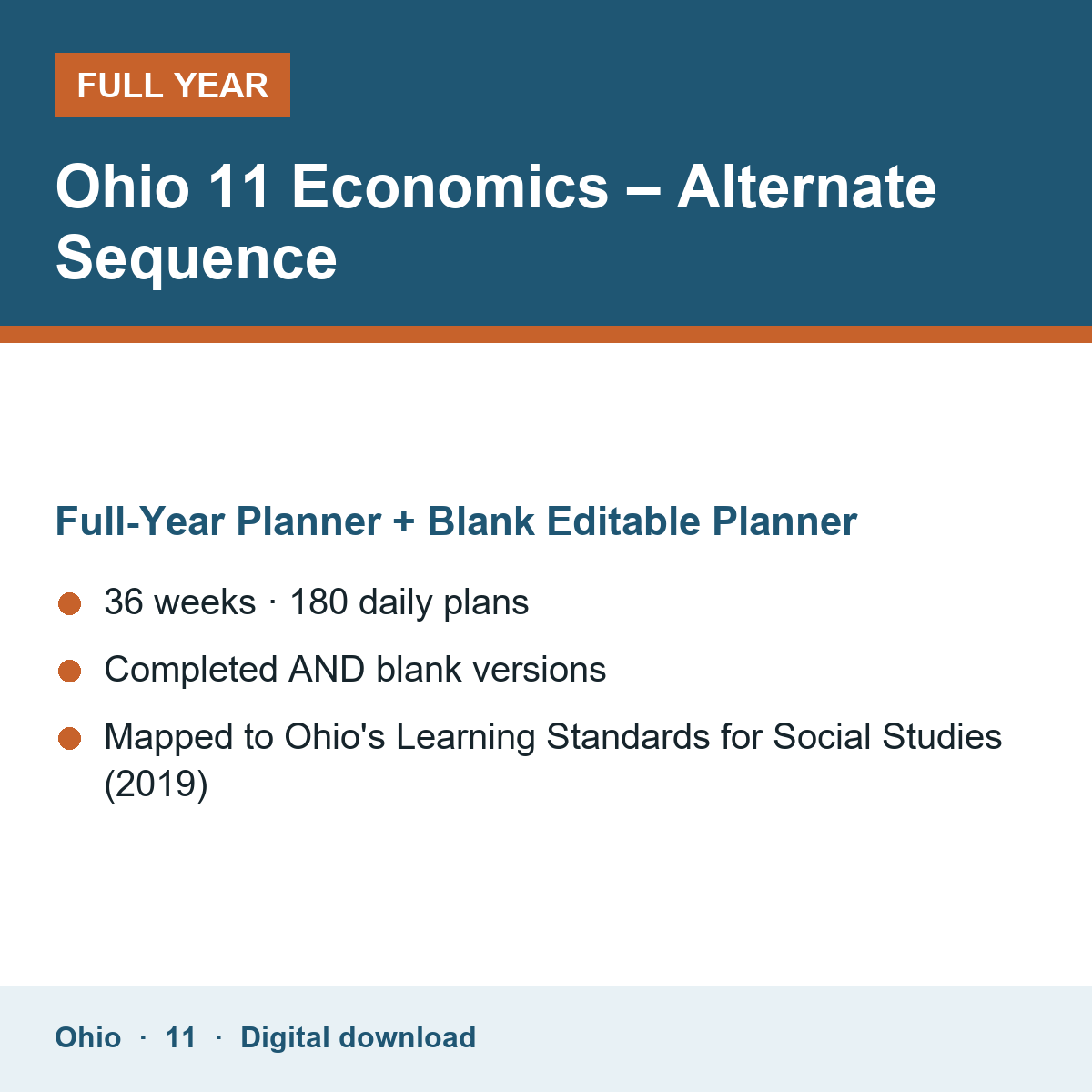 Cover of the Ohio Grade 11 Economics – Alternate Sequence full-year teacher planner