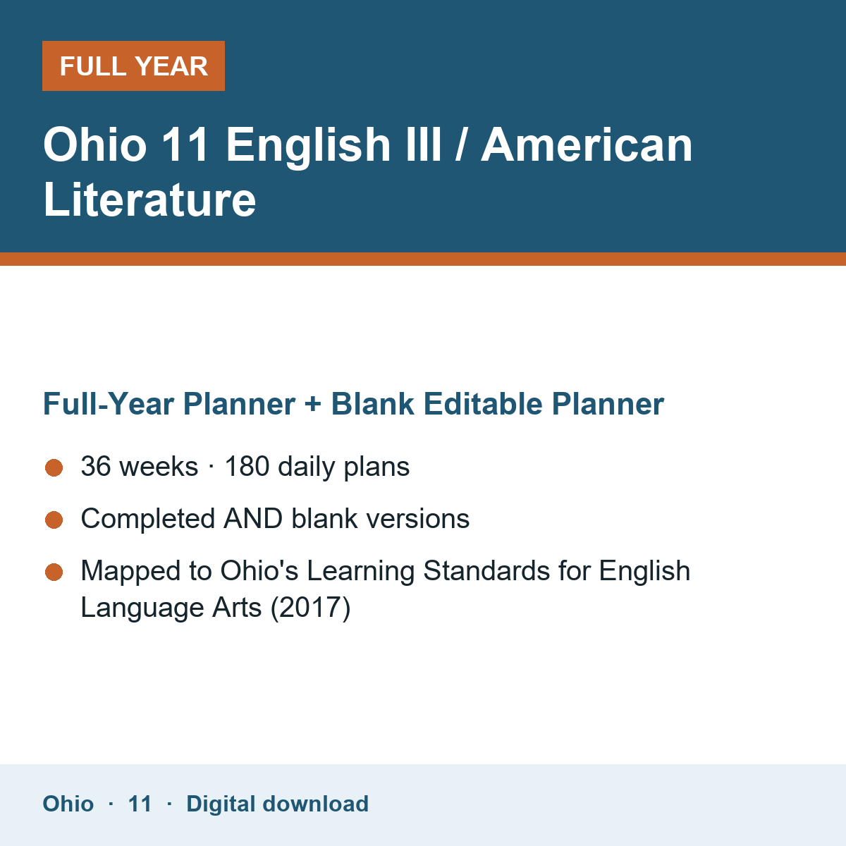 Cover of the Ohio Grade 11 English III / American Literature full-year teacher planner