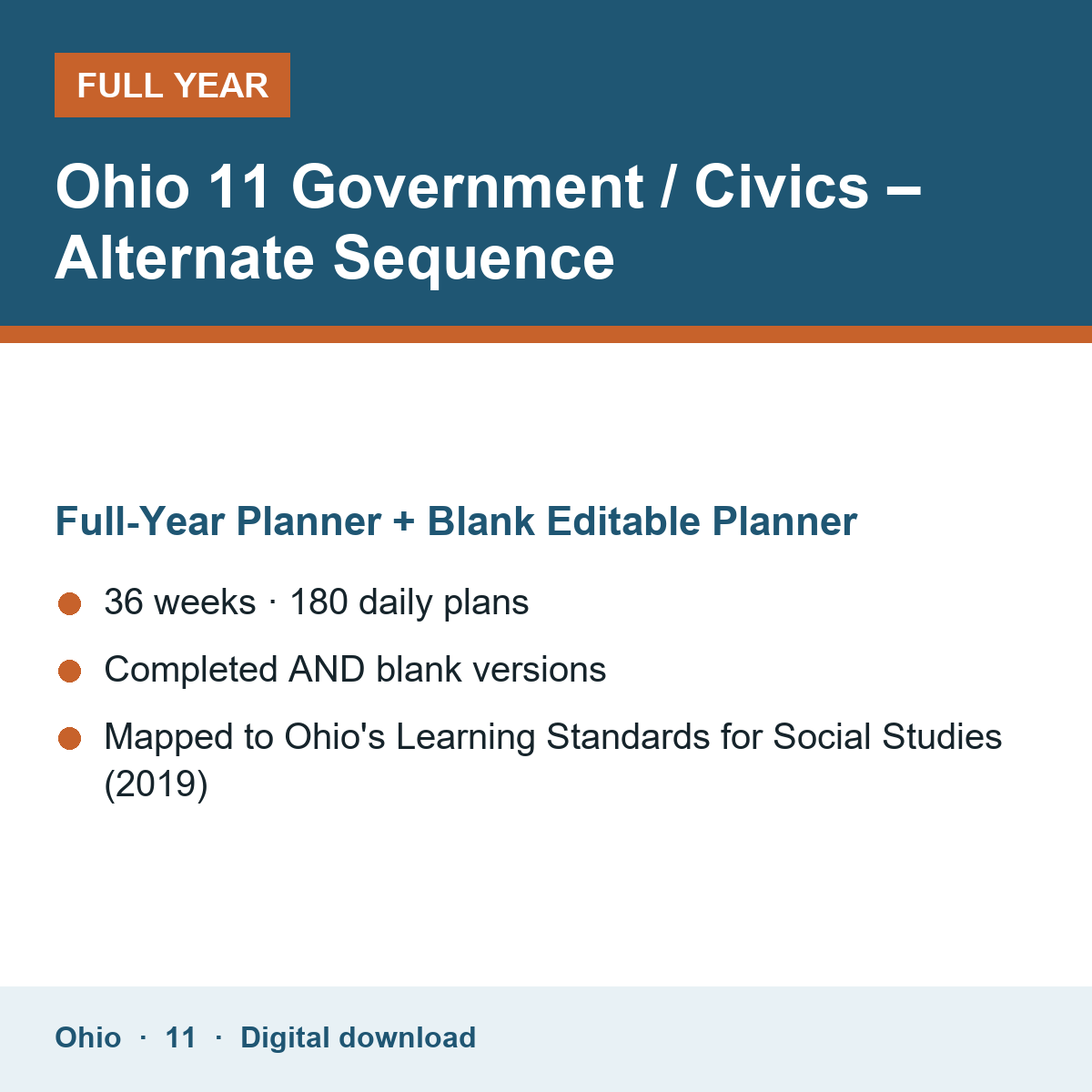 Cover of the Ohio Grade 11 Government / Civics – Alternate Sequence full-year teacher planner