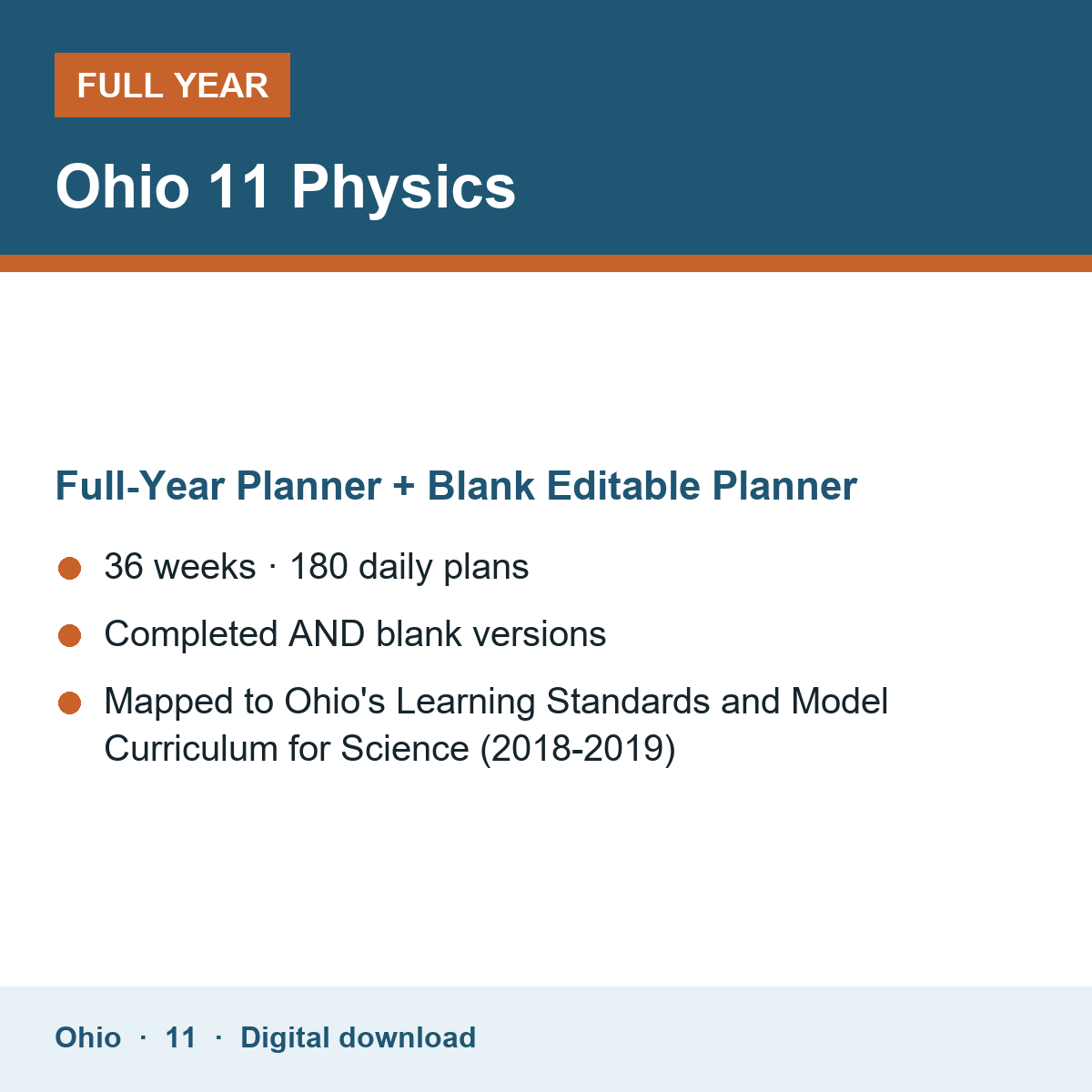 Cover of the Ohio Grade 11 Physics full-year teacher planner