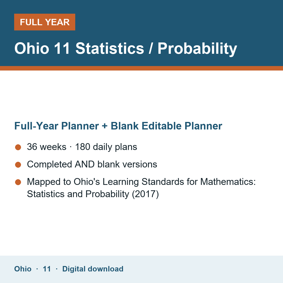 Cover of the Ohio Grade 11 Statistics / Probability full-year teacher planner