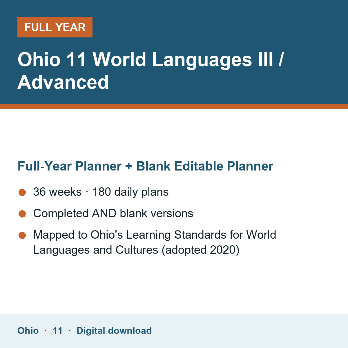 Cover of the Ohio Grade 11 World Languages III / Advanced full-year teacher planner