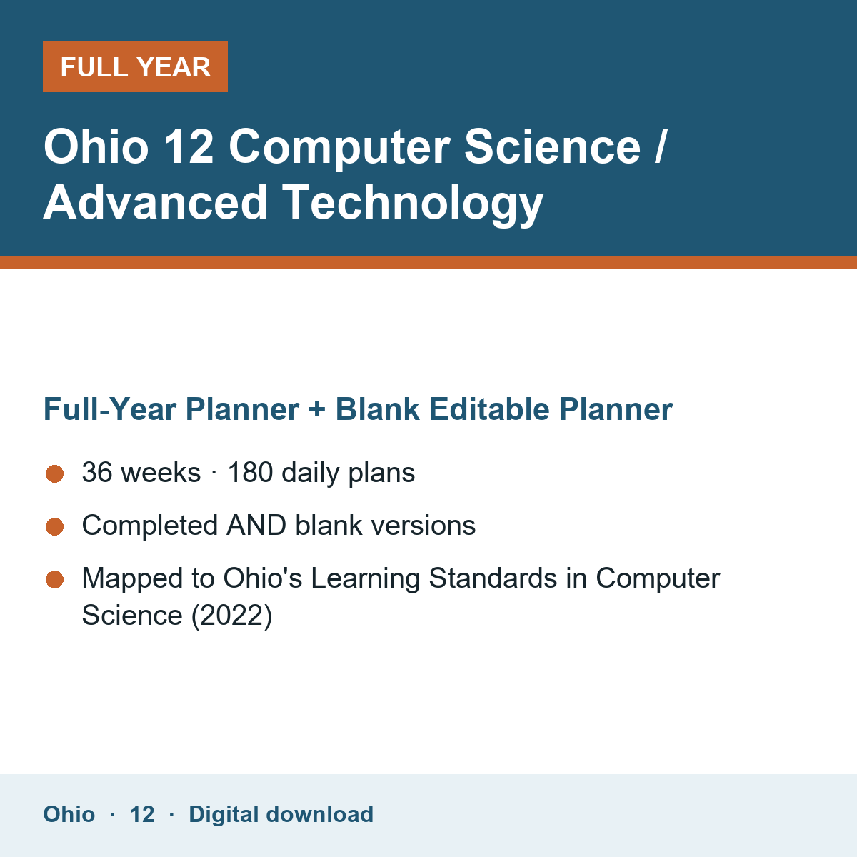 Cover of the Ohio Grade 12 Computer Science / Advanced Technology full-year teacher planner