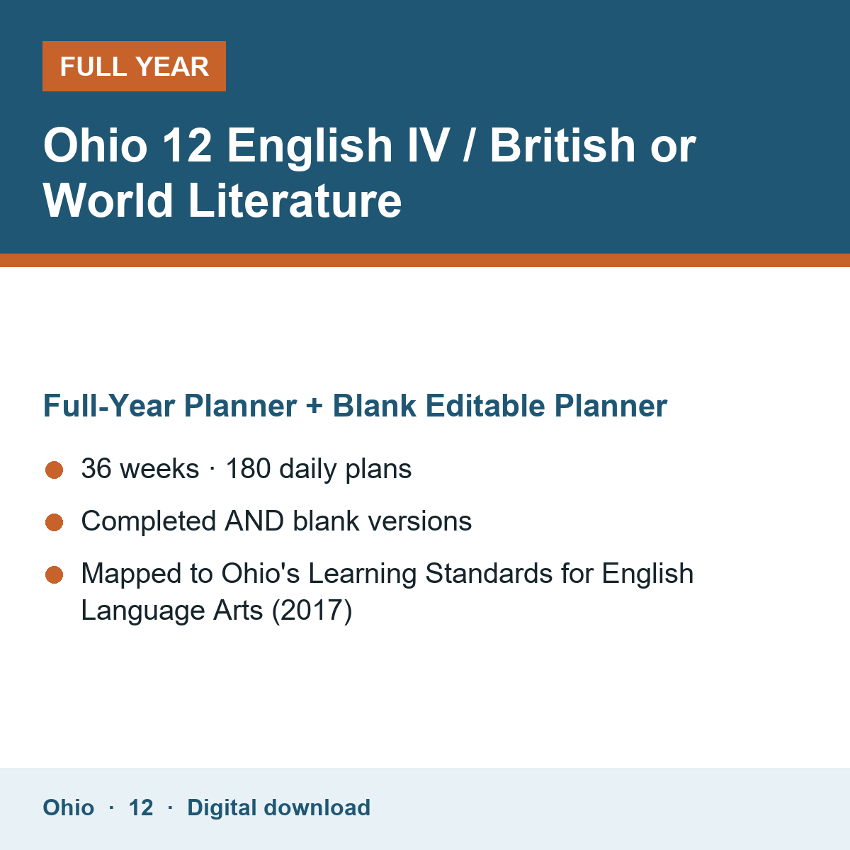 Cover of the Ohio Grade 12 English IV / British or World Literature full-year teacher planner