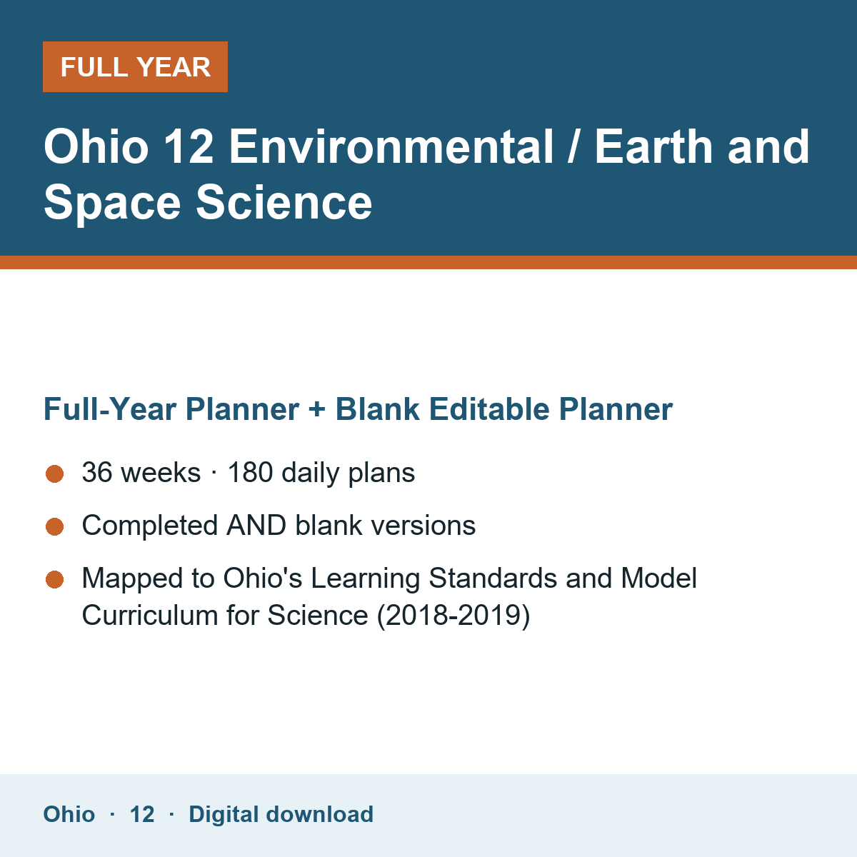 Cover of the Ohio Grade 12 Environmental / Earth and Space Science full-year teacher planner