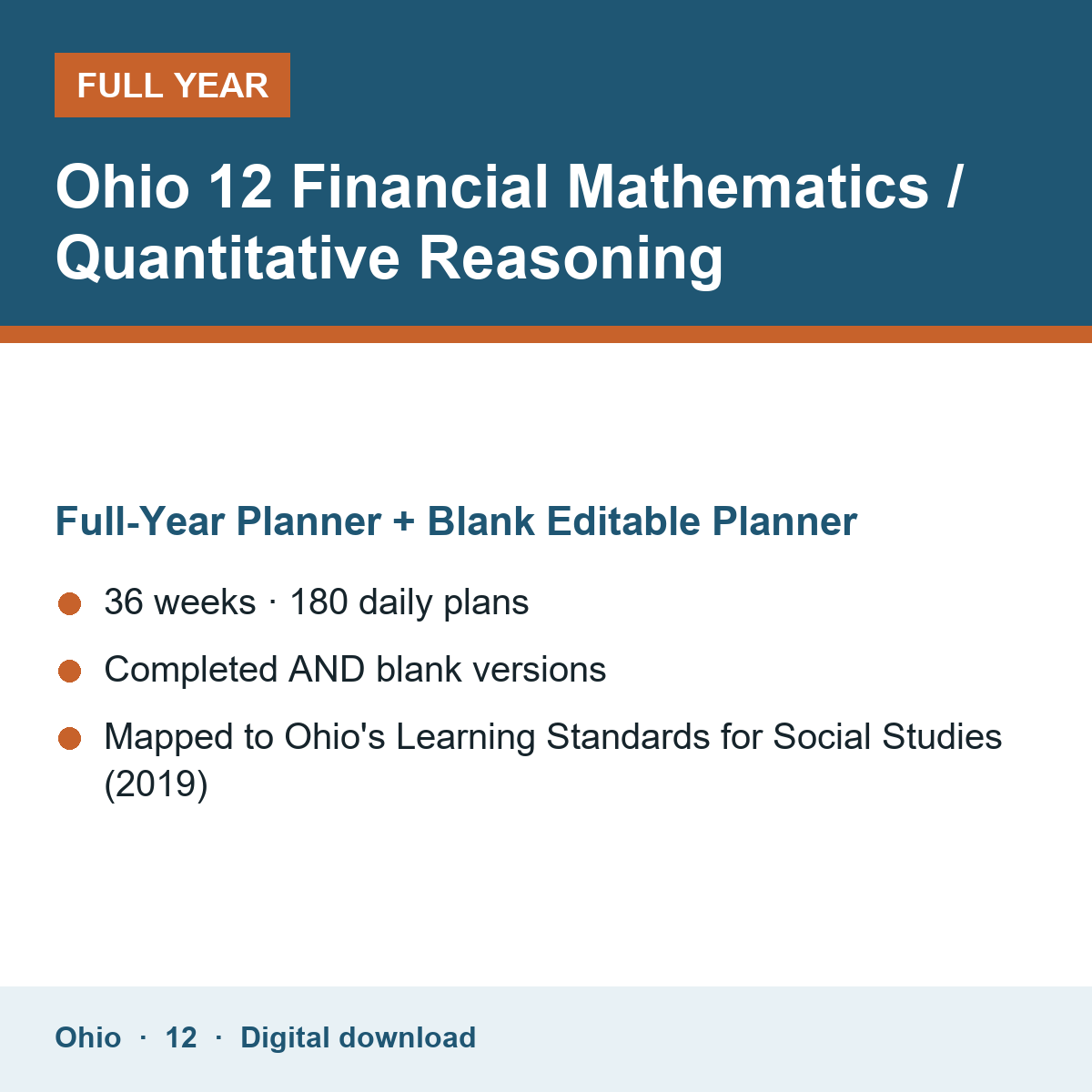 Cover of the Ohio Grade 12 Financial Mathematics / Quantitative Reasoning full-year teacher planner
