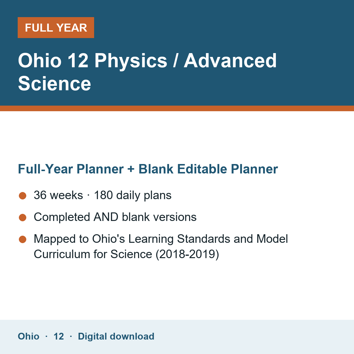 Cover of the Ohio Grade 12 Physics / Advanced Science full-year teacher planner