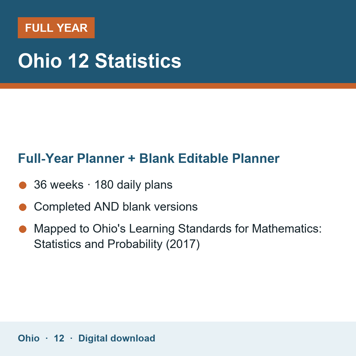 Cover of the Ohio Grade 12 Statistics full-year teacher planner